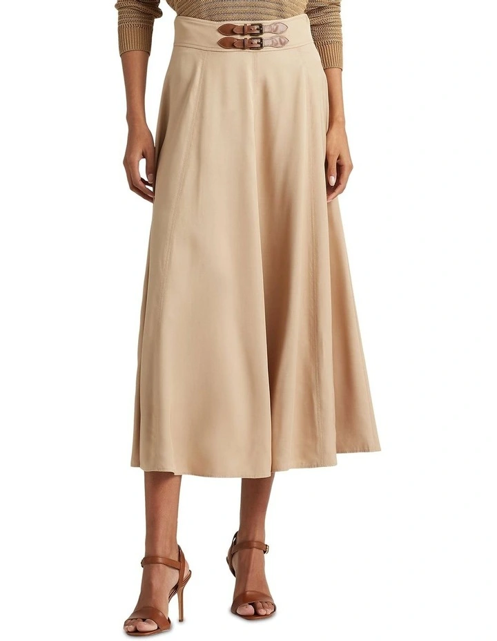 Buckle-Trim Twill A-Line Skirt in Beige image 1