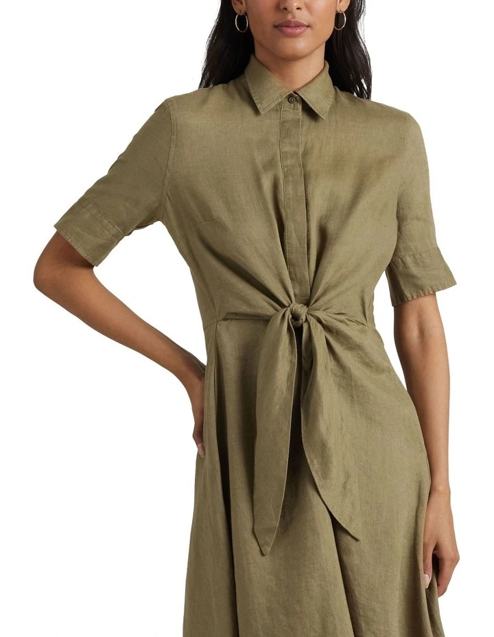 knee length dresses for ladies Lauren Ralph Lauren Tie-Front Linen Shirtdress In Light Olive
