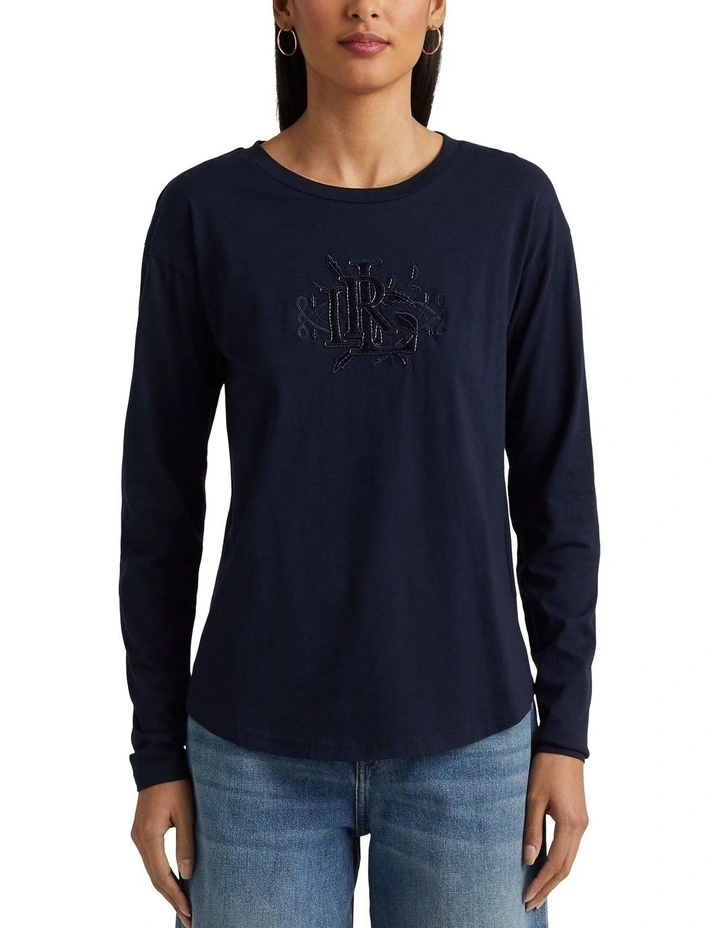 Beaded-Logo Jersey Long-Sleeve Tee in Blue image 1