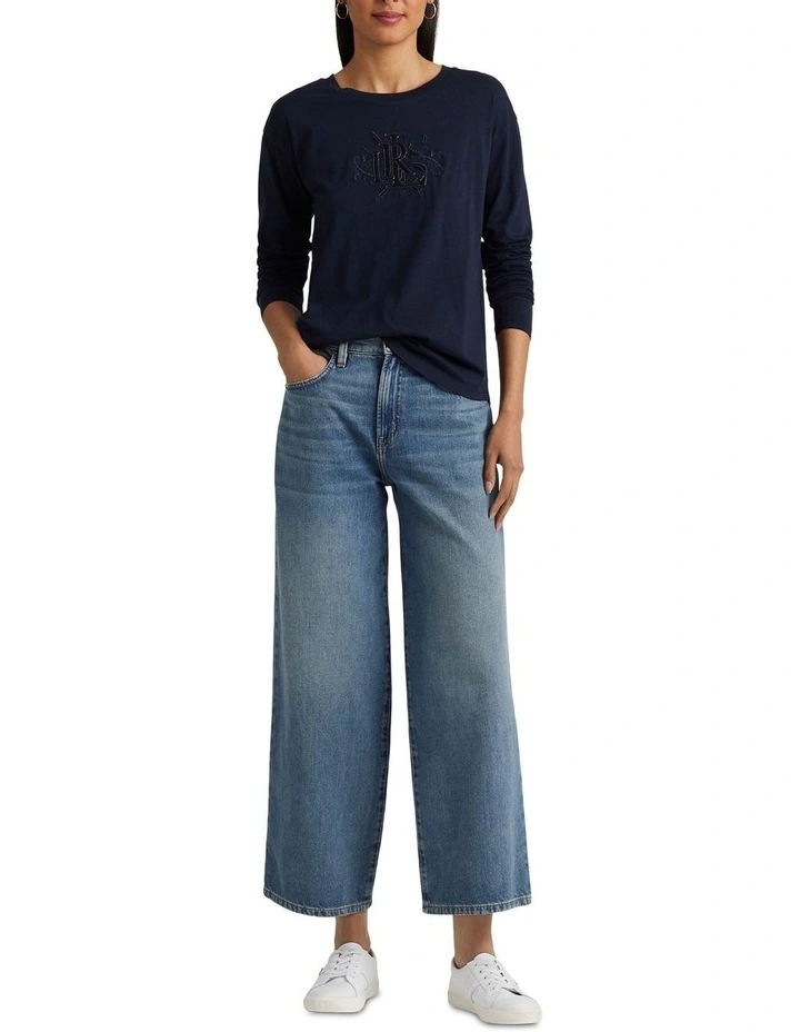 Beaded-Logo Jersey Long-Sleeve Tee in Blue image 3