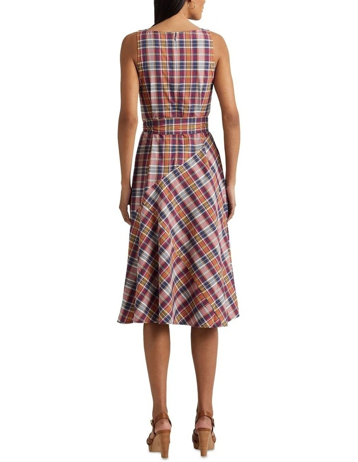 Belted Cotton Madras Sleeveless Dress in Red image 2