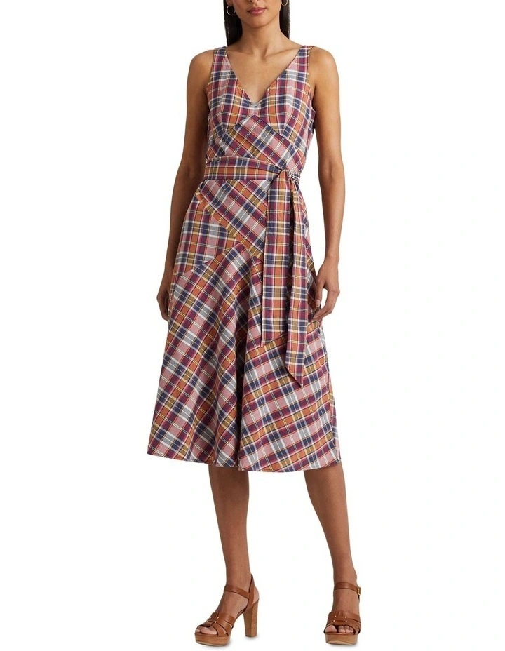 Belted Cotton Madras Sleeveless Dress in Red image 3