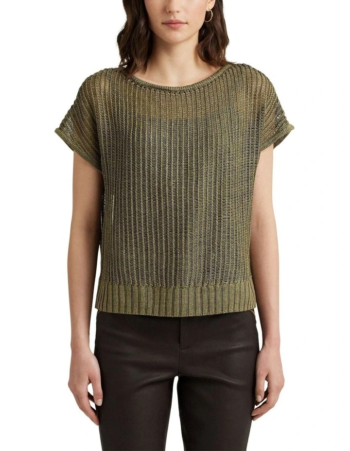 Linen Blend Mesh Short Sleeve Sweater in Green image 1