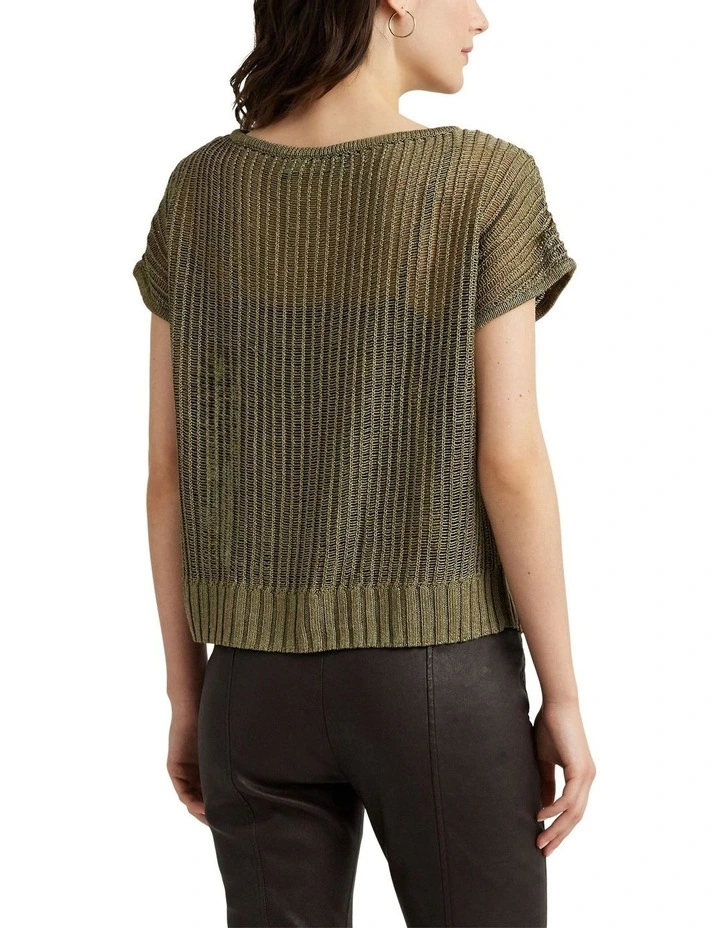 Linen Blend Mesh Short Sleeve Sweater in Green image 2