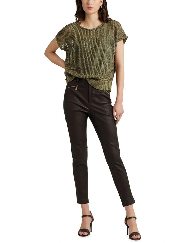 Linen Blend Mesh Short Sleeve Sweater in Green image 3