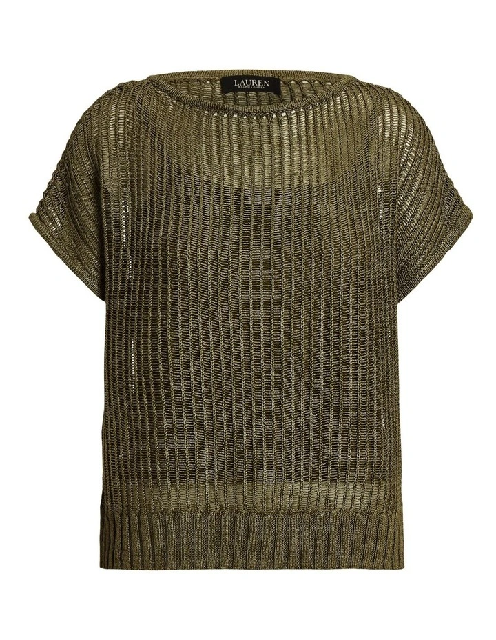 Linen Blend Mesh Short Sleeve Sweater in Green image 4