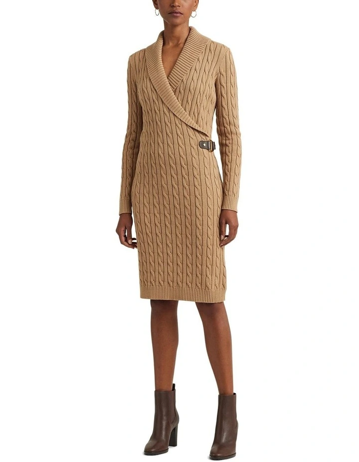 Cable-Knit Buckle-Trim Sweater Dress in Beige image 3