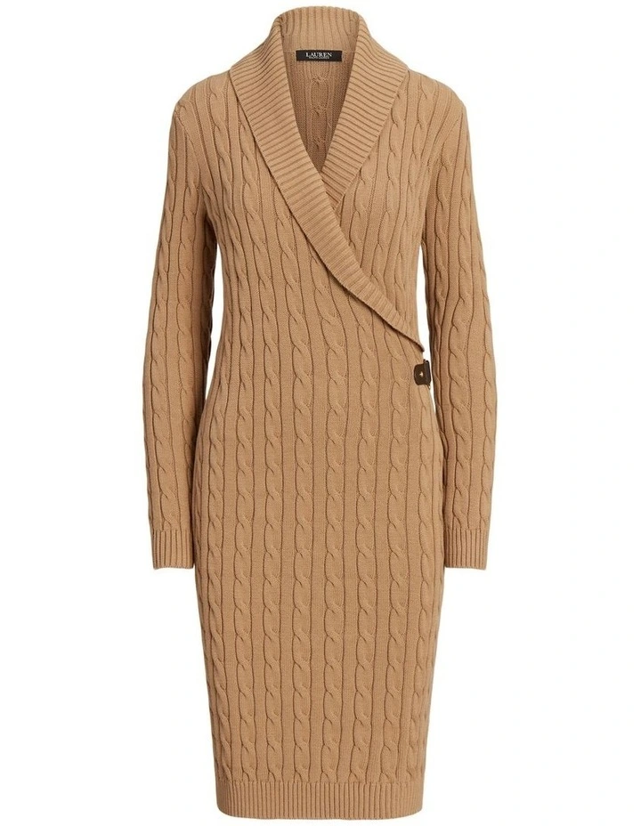 Cable-Knit Buckle-Trim Sweater Dress in Beige image 4