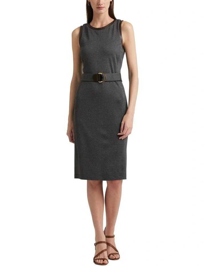 Lauren Ralph Lauren Faux-Leather-Trim Belted Jacquard Dress in Grey | MYER