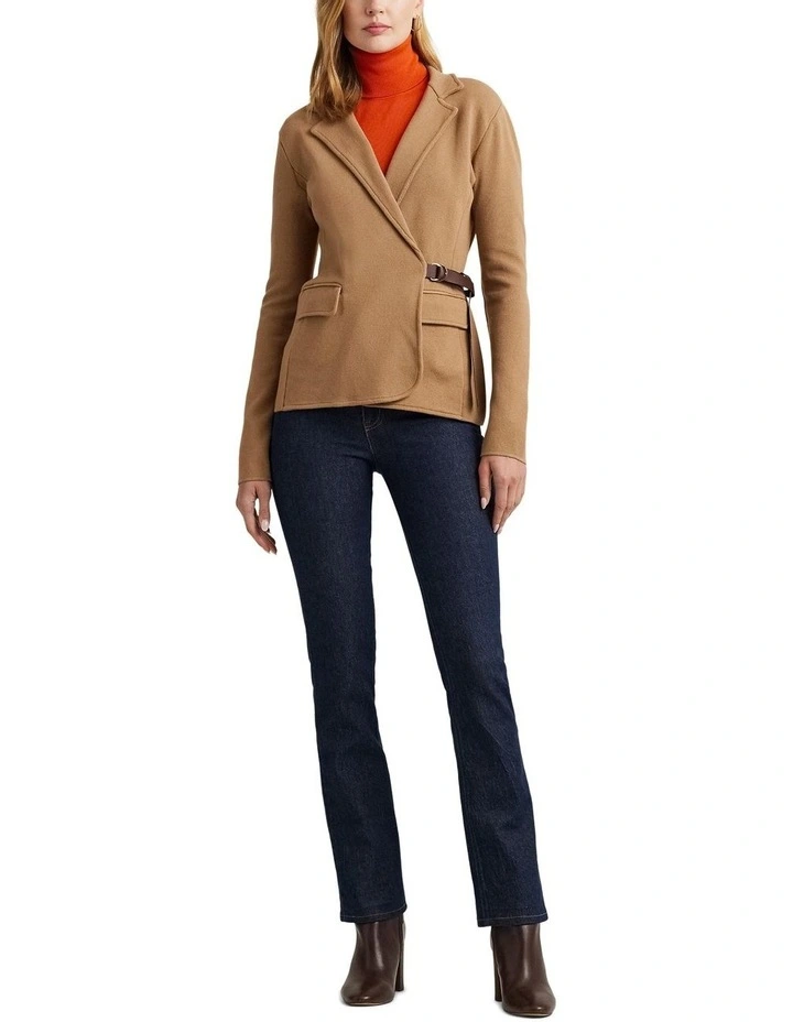 Leather-Trim Cotton-Blend Blazer in Beige image 3