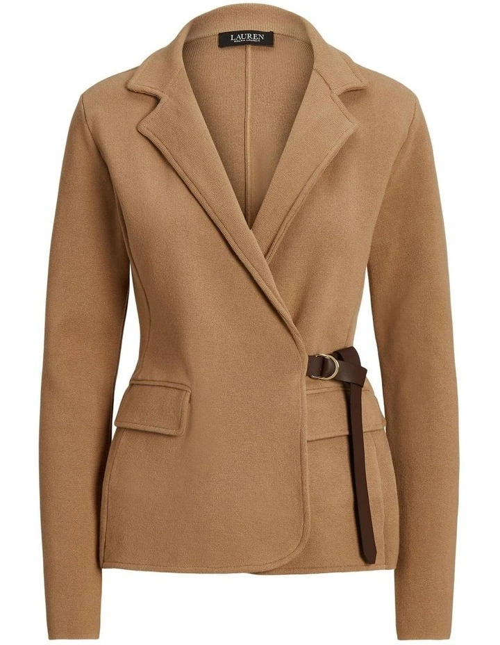 Leather-Trim Cotton-Blend Blazer in Beige image 4