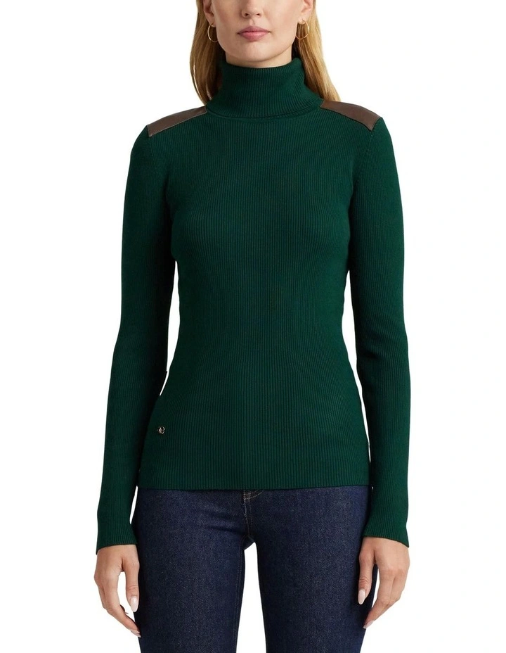 Faux-Leather-Trim Ribbed Turtle neck Top in Green image 1
