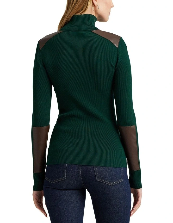 Faux-Leather-Trim Ribbed Turtle neck Top in Green image 2