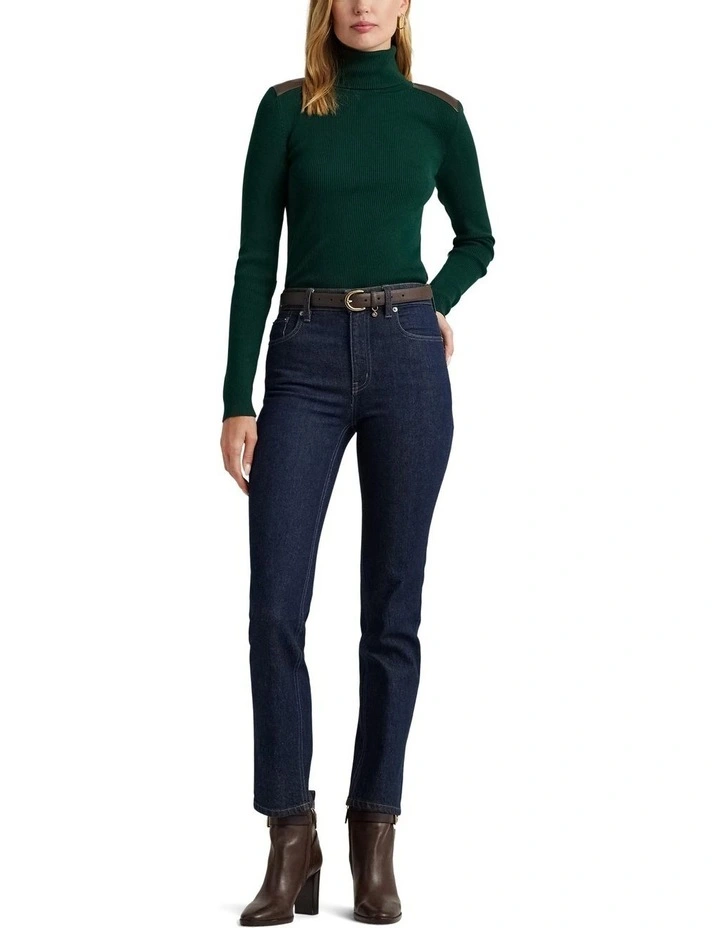 Faux-Leather-Trim Ribbed Turtle neck Top in Green image 3