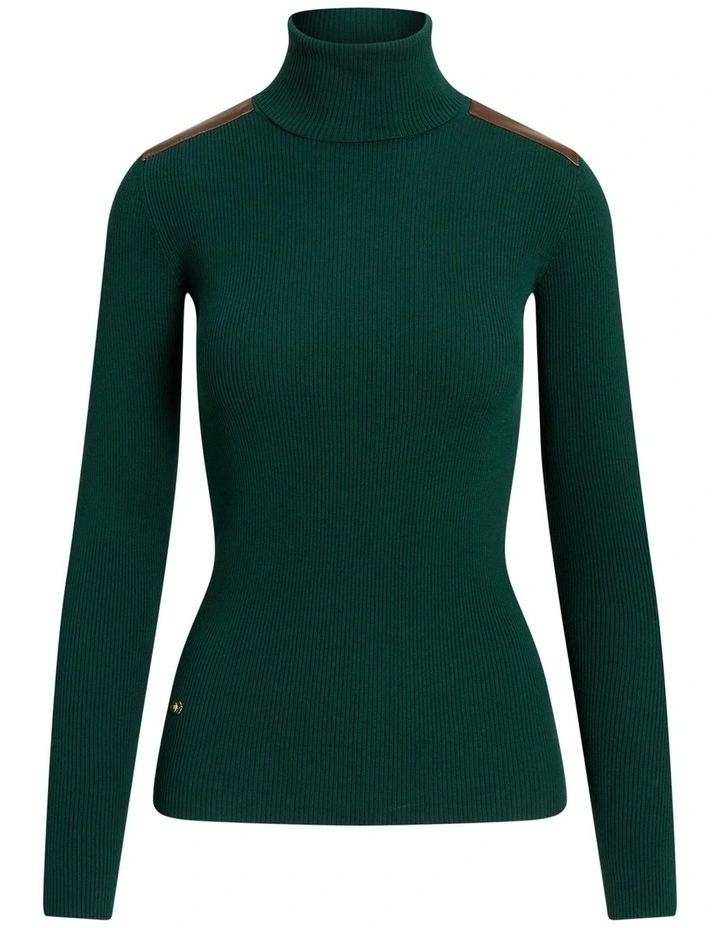 Faux-Leather-Trim Ribbed Turtle neck Top in Green image 4