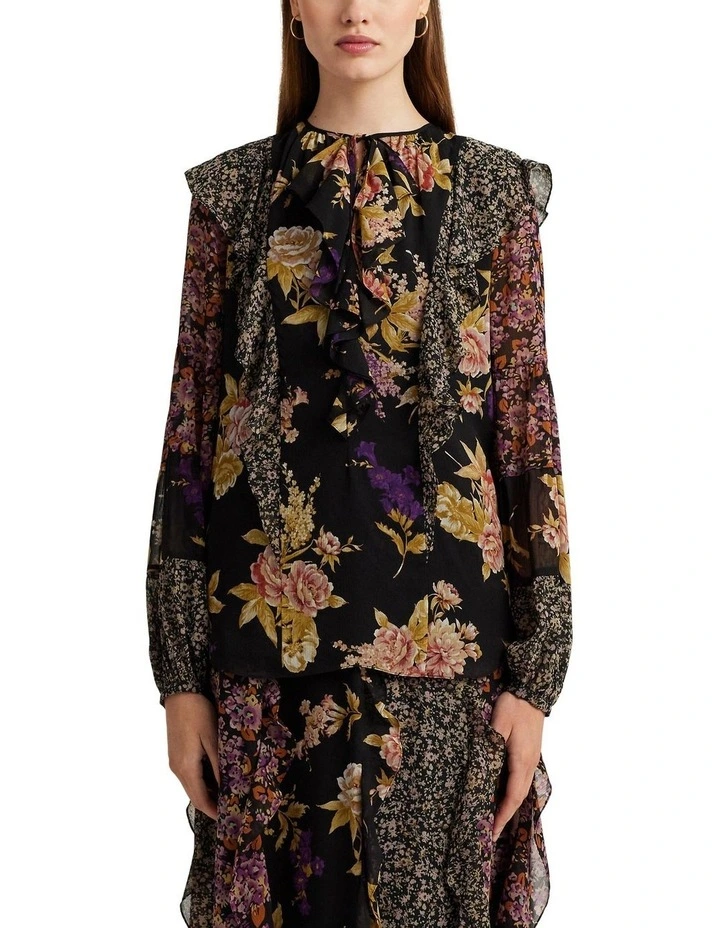 Floral Ruffle-Trim Georgette Blouse in Black image 1