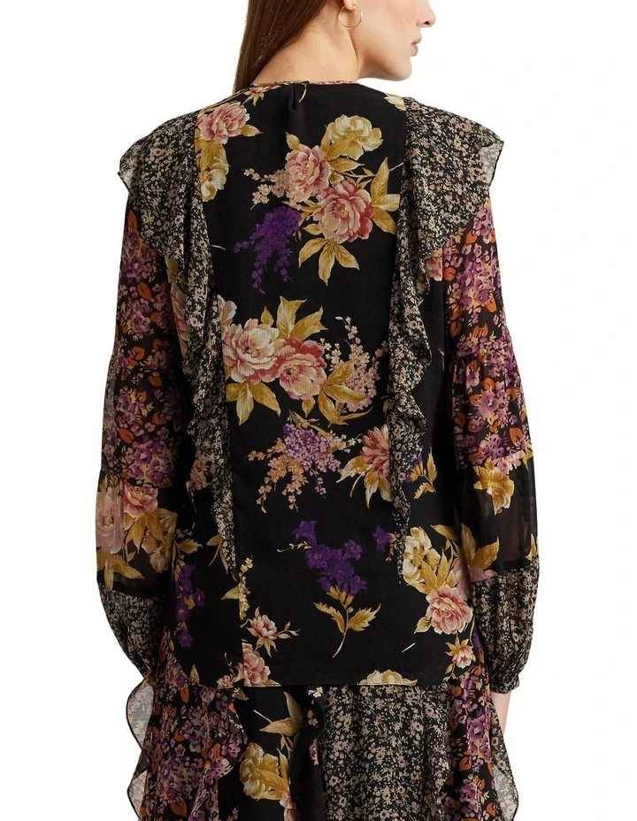 Floral Ruffle-Trim Georgette Blouse in Black image 2