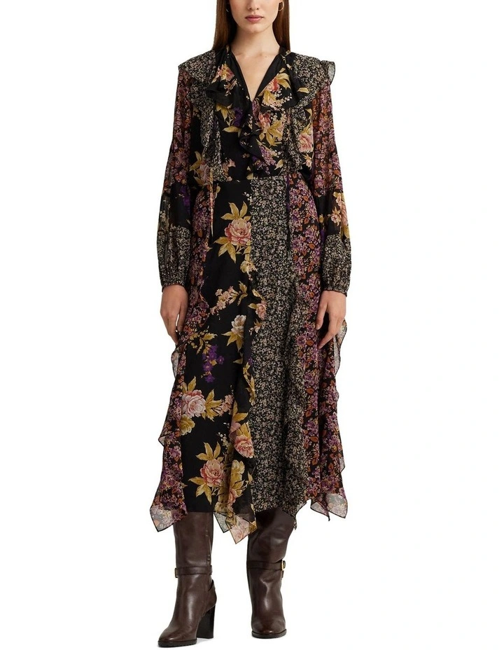 Floral Ruffle-Trim Georgette Blouse in Black image 3