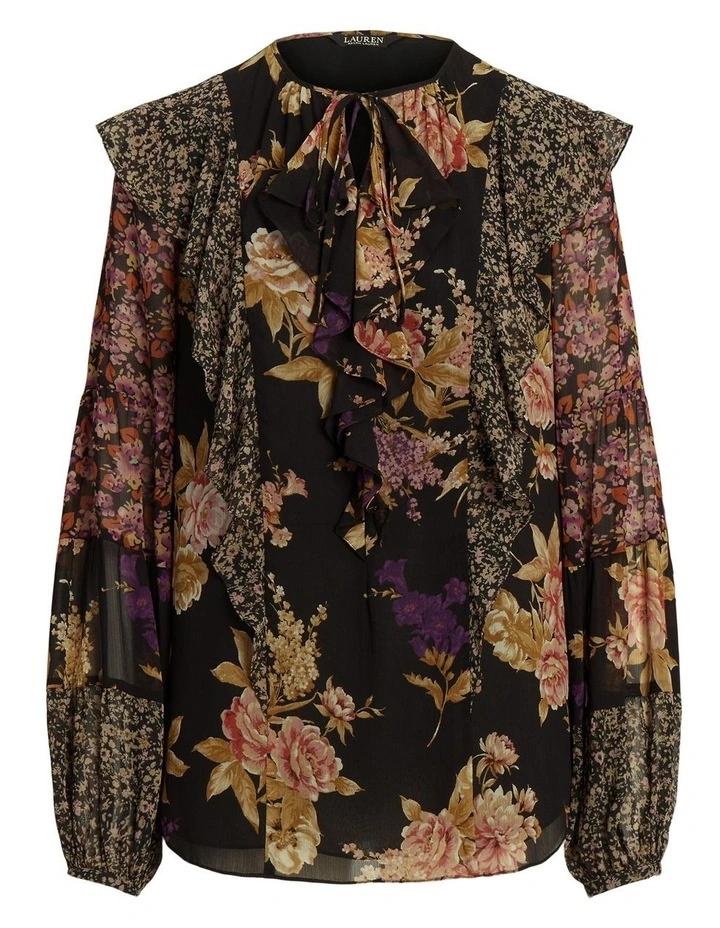 Floral Ruffle-Trim Georgette Blouse in Black image 4