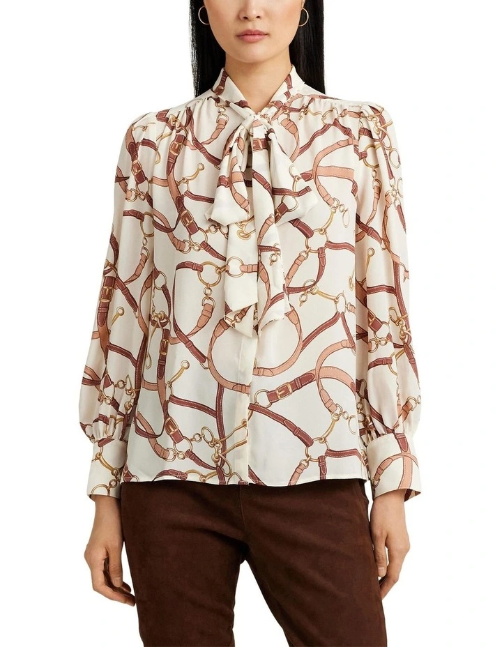 Belting-Print Georgette Tie-Neck Blouse in White image 1