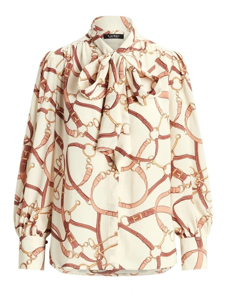 Belting-Print Georgette Tie-Neck Blouse in White image 4