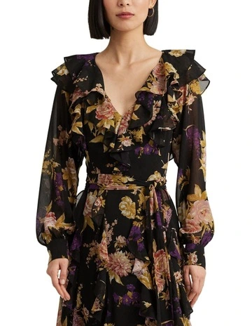 Floral Ruffle-Trim Georgette Dress in Black