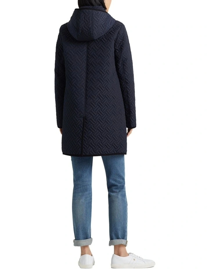Corduroy-Trim Quilted Hooded Coat in Navy image 2