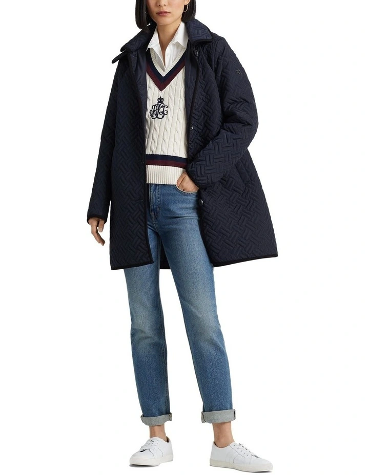 Corduroy-Trim Quilted Hooded Coat in Navy image 3