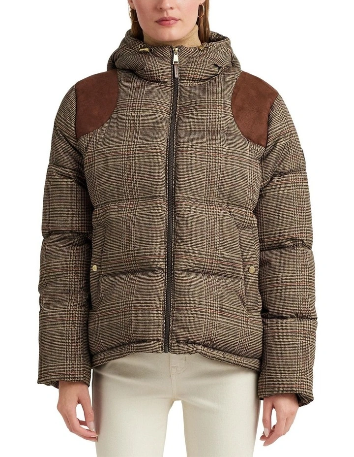 Glen Plaid Faux Suede-Trim Down Coat in Beige image 1