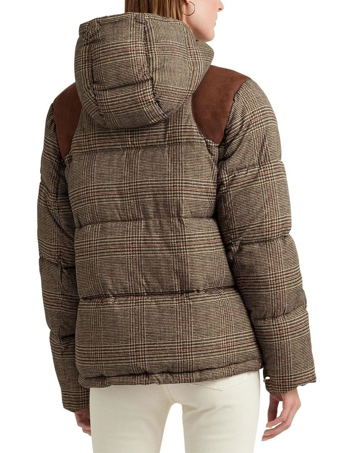 Glen Plaid Faux Suede-Trim Down Coat in Beige image 2