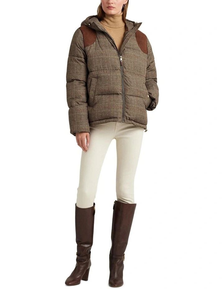 Glen Plaid Faux Suede-Trim Down Coat in Beige image 3