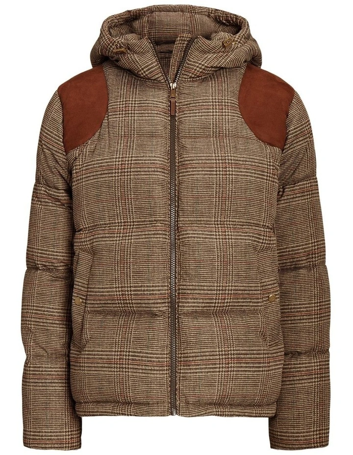 Glen Plaid Faux Suede-Trim Down Coat in Beige image 4