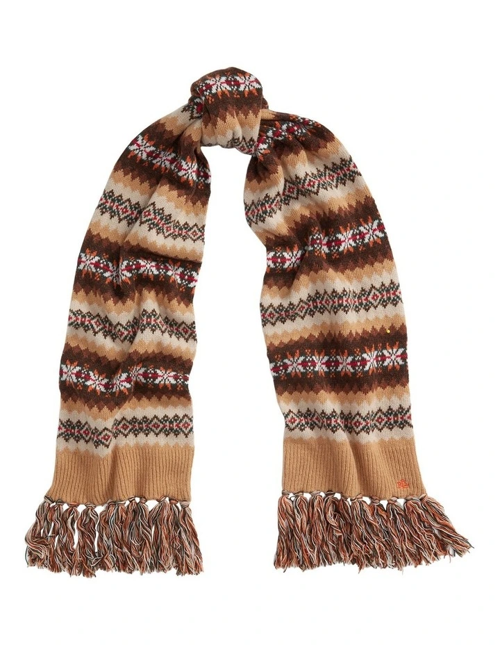 Fair Isle Fringe-Trim Wool-Blend Scarf in Brown image 1