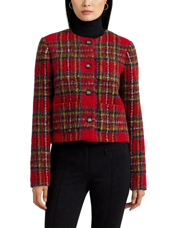 Plaid Mohair Cropped Jacket in Red image 1