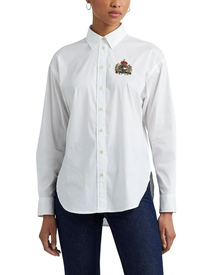 Beaded-Crest Stretch-Cotton Blend Shirt in White image 1