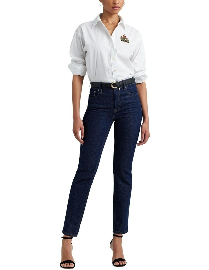 Beaded-Crest Stretch-Cotton Blend Shirt in White image 3