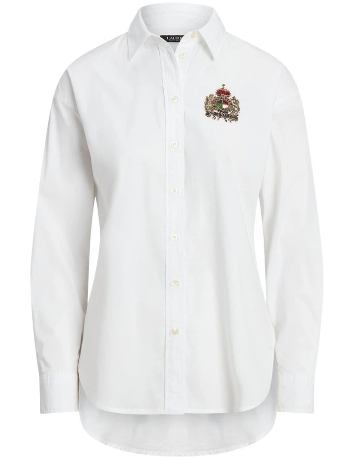 Beaded-Crest Stretch-Cotton Blend Shirt in White image 4