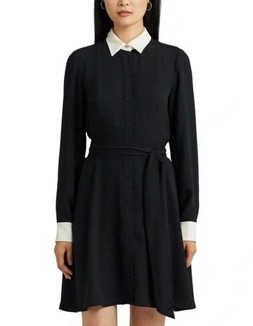 Two-Tone Belted Georgette Shirtdress in Black