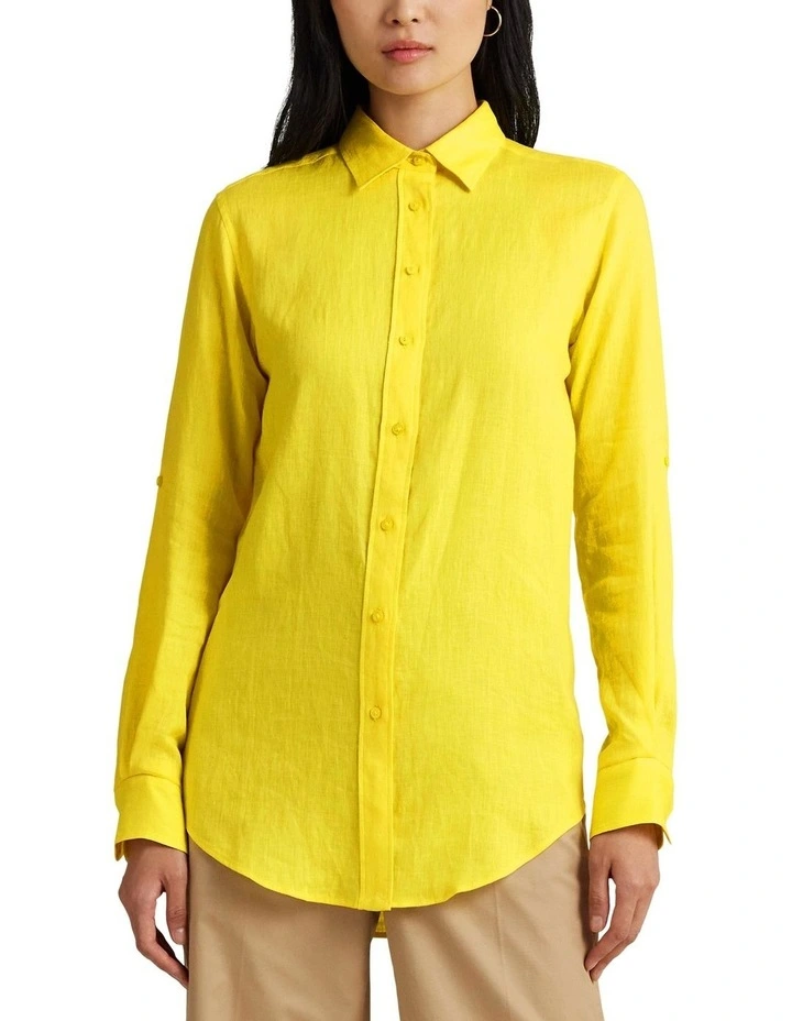 Relaxed Fit Linen Roll Tab-Sleeve Shirt in Yellow image 1