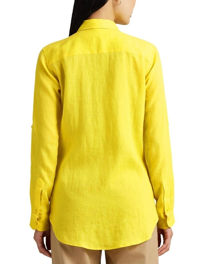 Relaxed Fit Linen Roll Tab-Sleeve Shirt in Yellow image 2