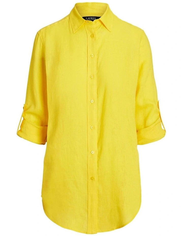 Relaxed Fit Linen Roll Tab-Sleeve Shirt in Yellow image 4