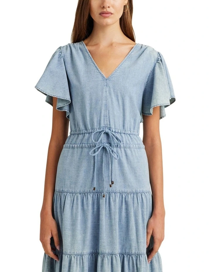 chinese dress ladies Table for Two Tiered Maxi Dress with Puff Sleeves in Chambray Blue main image 1