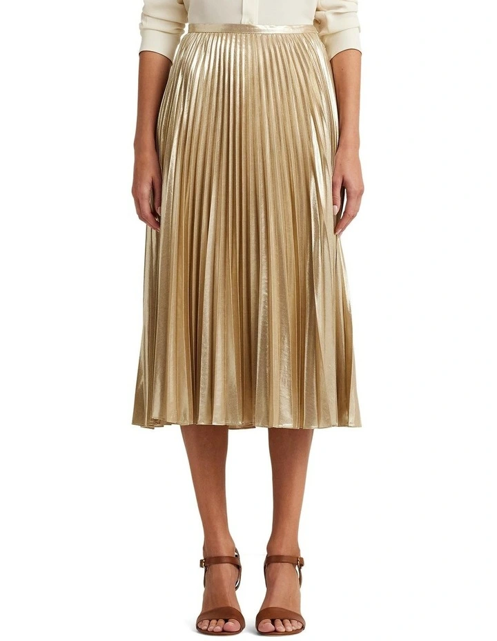Pleated Metallic Chiffon Skirt in Beige image 1