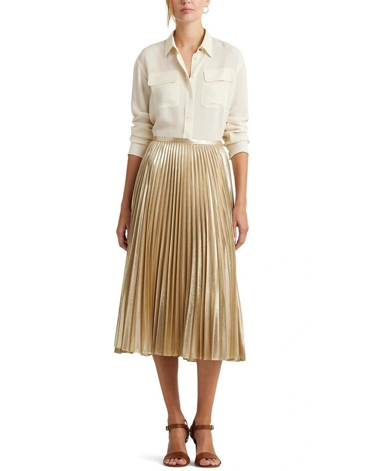 Pleated Metallic Chiffon Skirt in Beige image 3