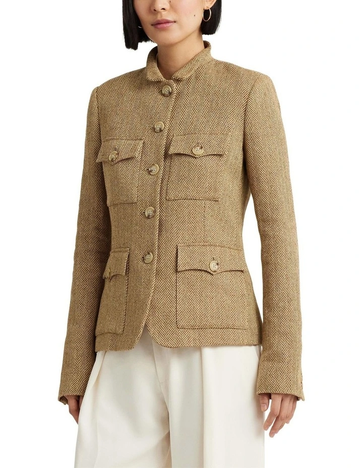 Linen-Blend Herringbone Jacket in Brown image 1