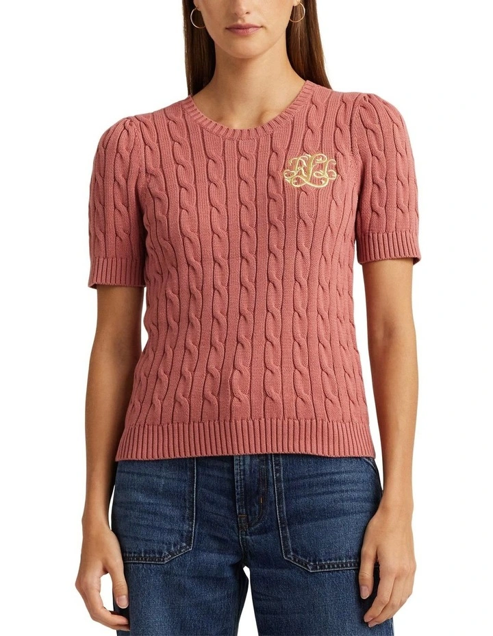Cable-Knit Cotton Short-Sleeve Sweater in Pink image 1