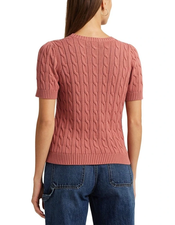Cable-Knit Cotton Short-Sleeve Sweater in Pink image 2