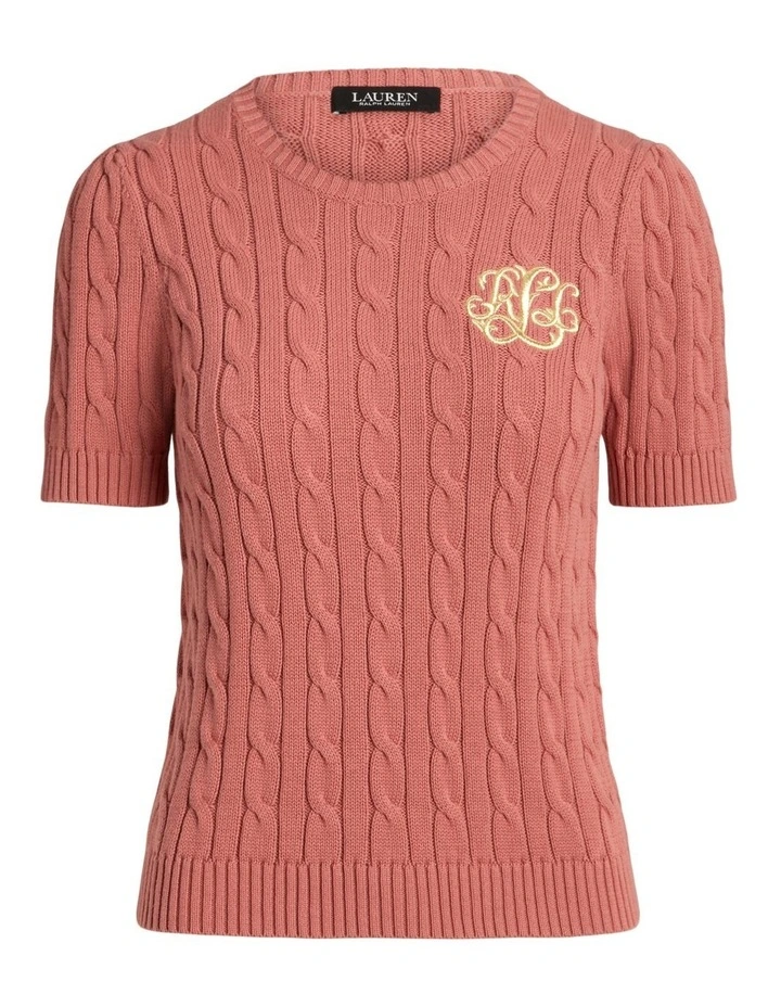 Cable-Knit Cotton Short-Sleeve Sweater in Pink image 4