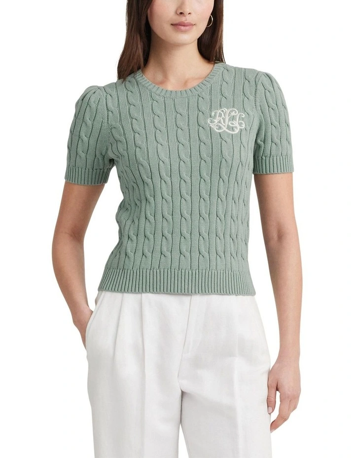 Cable-Knit Cotton Short-Sleeve Sweater in Green image 1