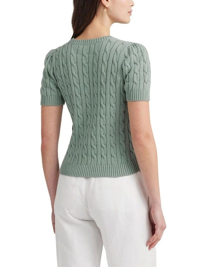 Cable-Knit Cotton Short-Sleeve Sweater in Green image 2